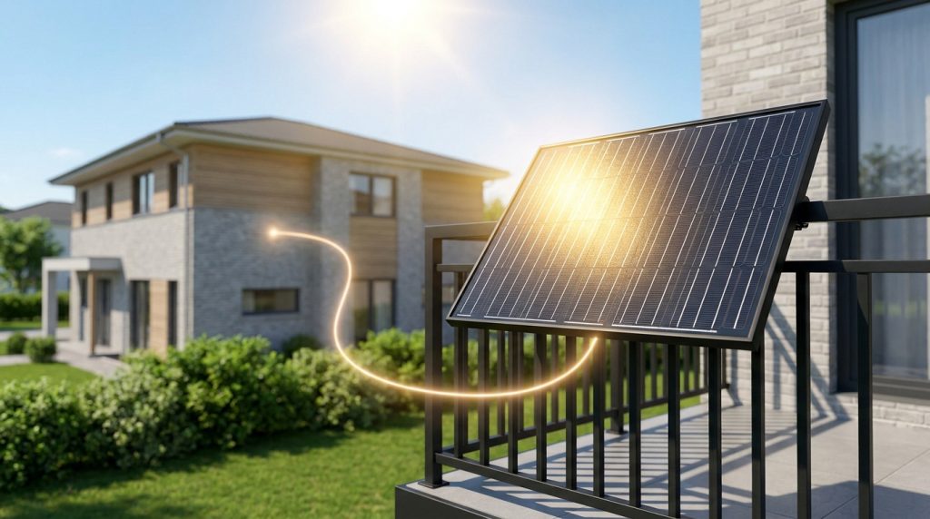 Panneau solaire sur un balcon avec une ligne lumineuse stylisée reliant l'énergie produite à une maison moderne.