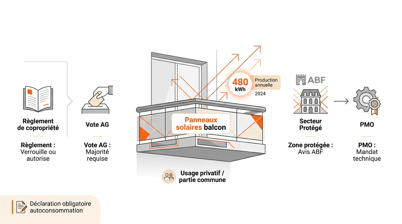 Installation de panneaux solaires sur un garde-corps de balcon en copropriété