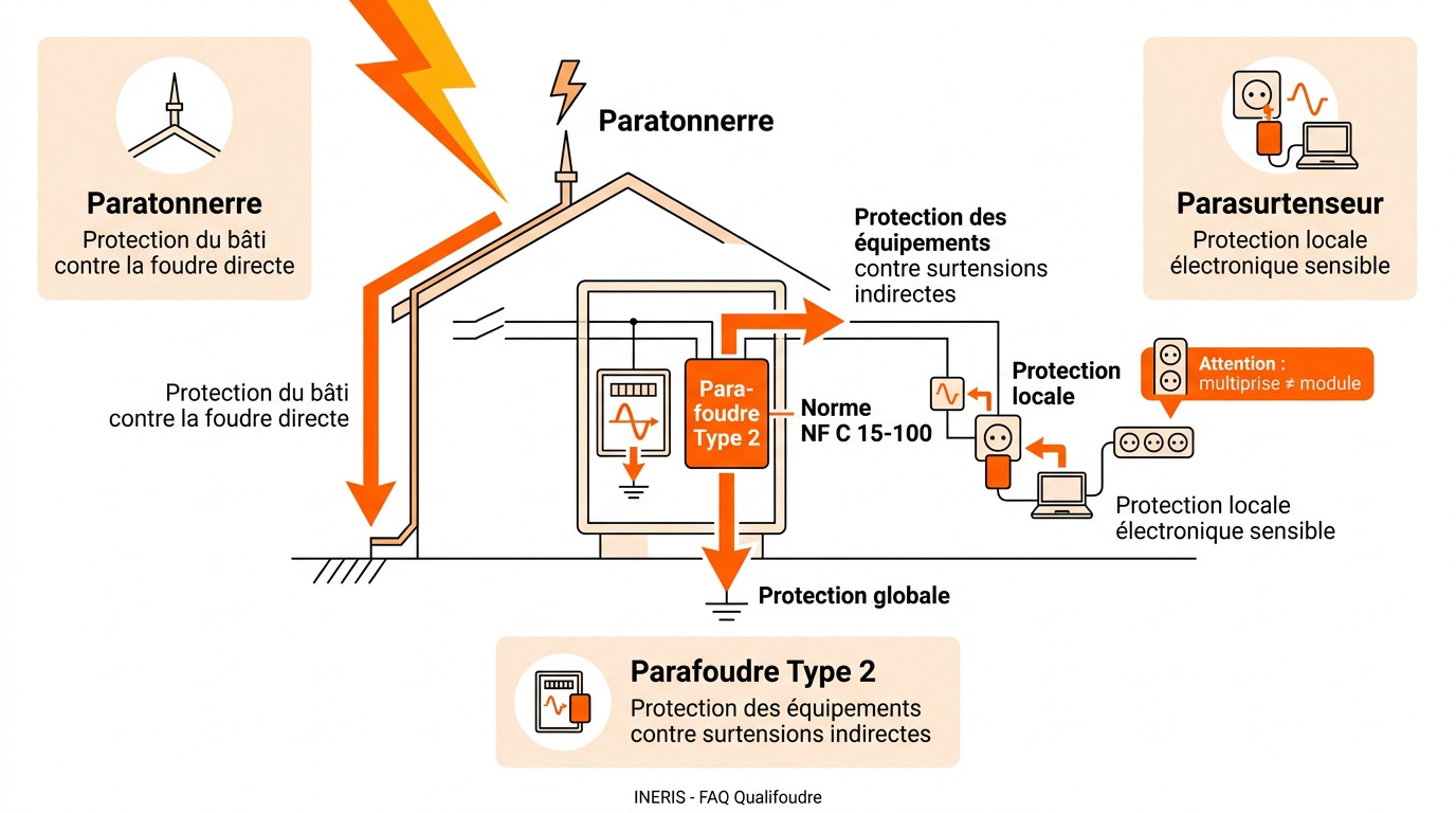 Schéma explicatif des différences entre parafoudre, paratonnerre et parasurtenseur dans une maison