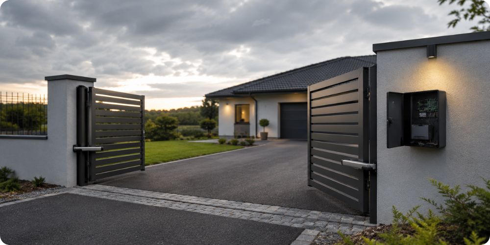 portail résidentiel motorisé moderne, vantaux en métal, sur une allée de maison individuelle par temps couvert