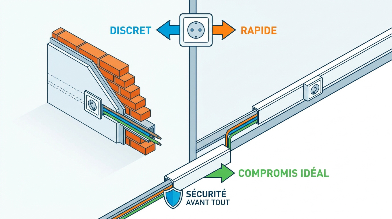 Comparaison visuelle entre une prise électrique encastrée dans le mur et une prise posée en saillie avec goulotte