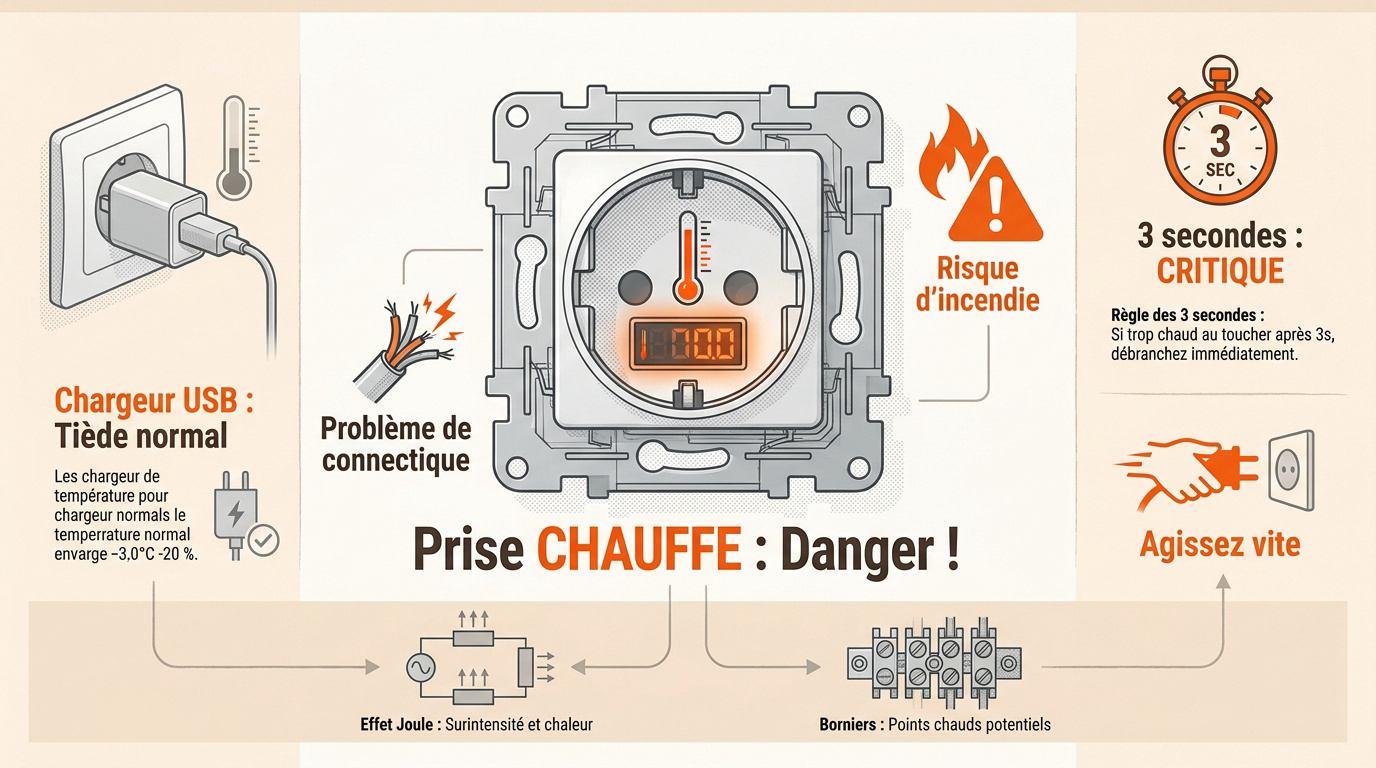 Prise électrique murale présentant des signes de surchauffe et de danger thermique