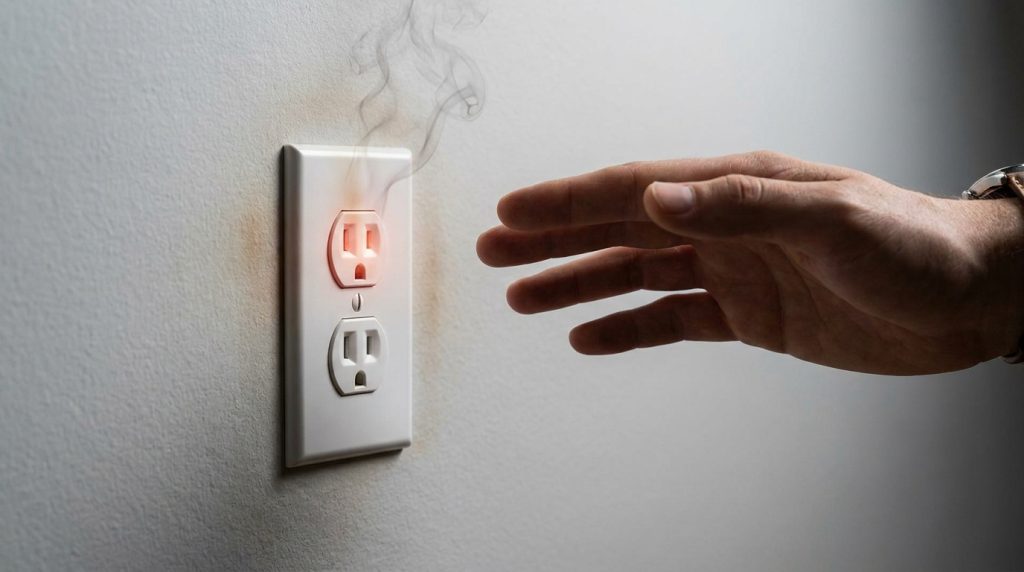 Une main s'approche d'une prise électrique murale qui dégage de la fumée et présente des traces de brûlure.