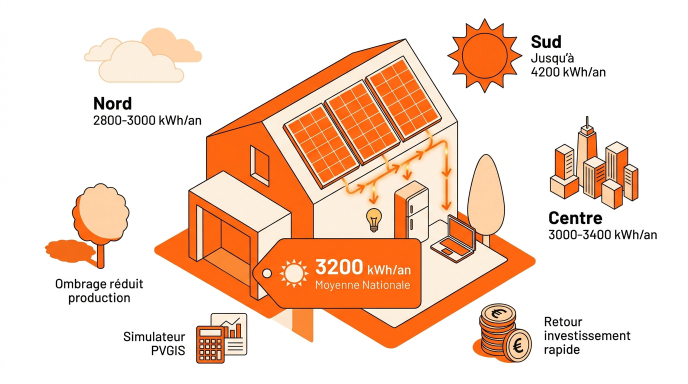 Carte de la production d'énergie solaire par région en France pour un kit 3 kWc