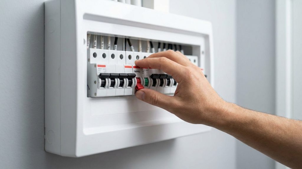 Une main remet en marche un disjoncteur électrique déclenché dans un tableau domestique.