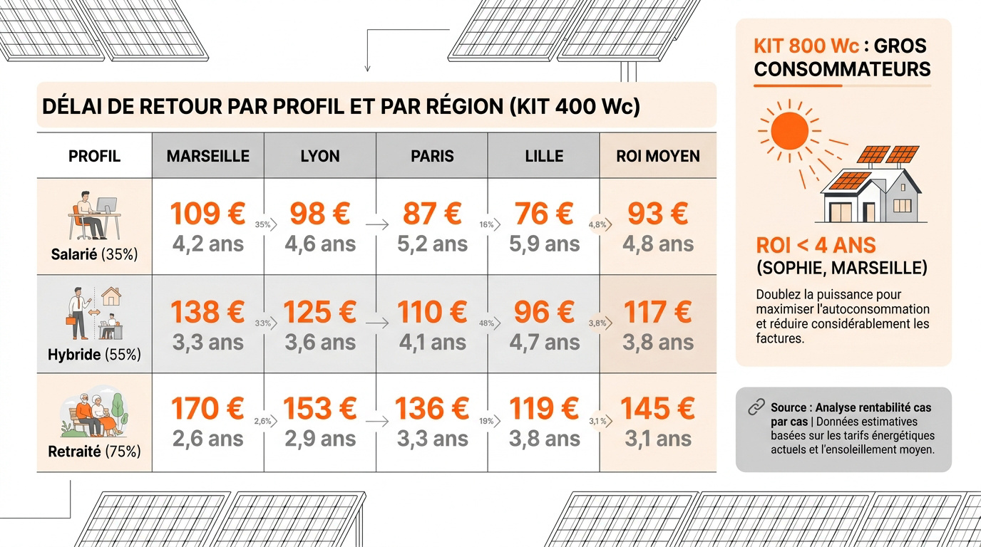 Graphique comparatif du délai de retour sur investissement des kits solaires selon l'ensoleillement régional et le profil de consommation