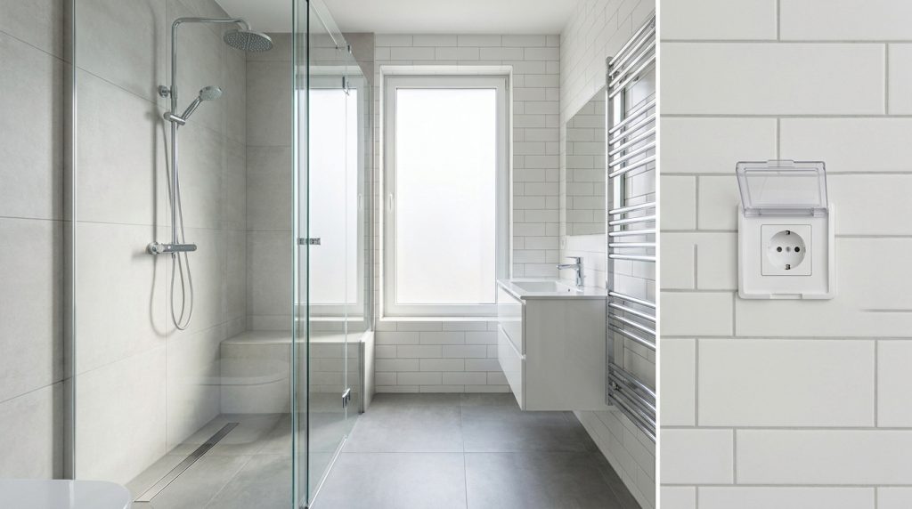 Salle de bain avec douche et une prise électrique étanche installée sur un mur carrelé blanc.