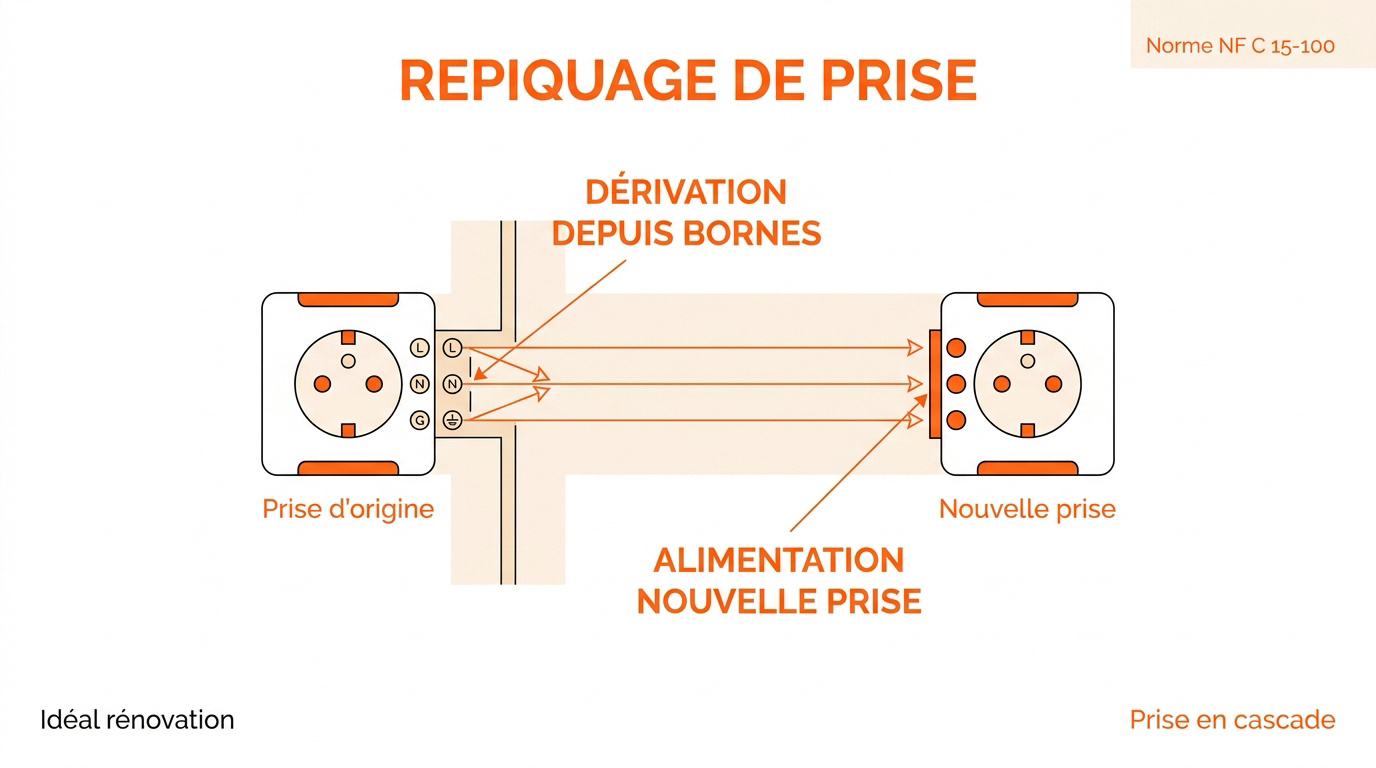 Schéma technique montrant le raccordement en parallèle de deux prises électriques pour un repiquage conforme.