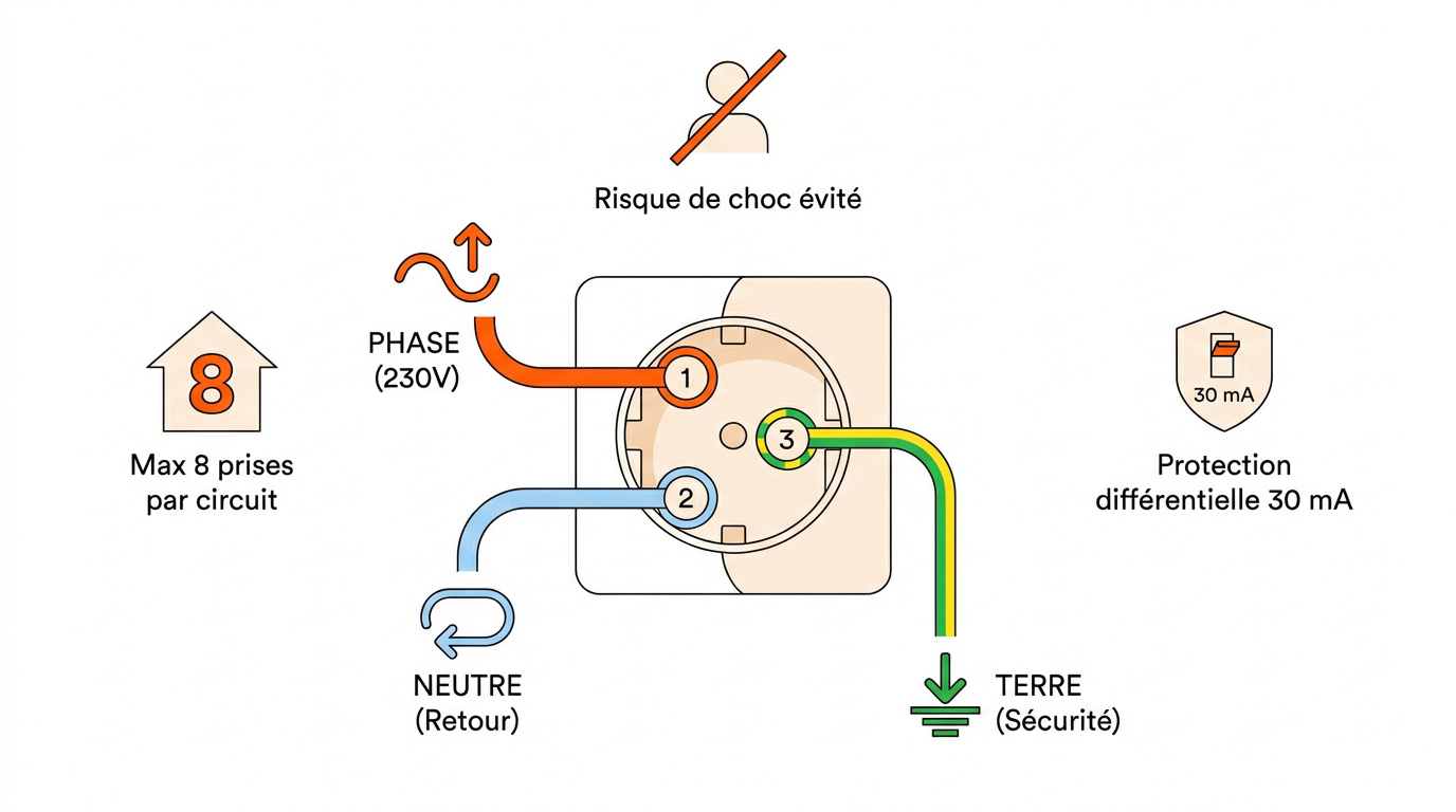 Schéma prise électrique 3 fils : rôle du fil de phase, du neutre et de la terre