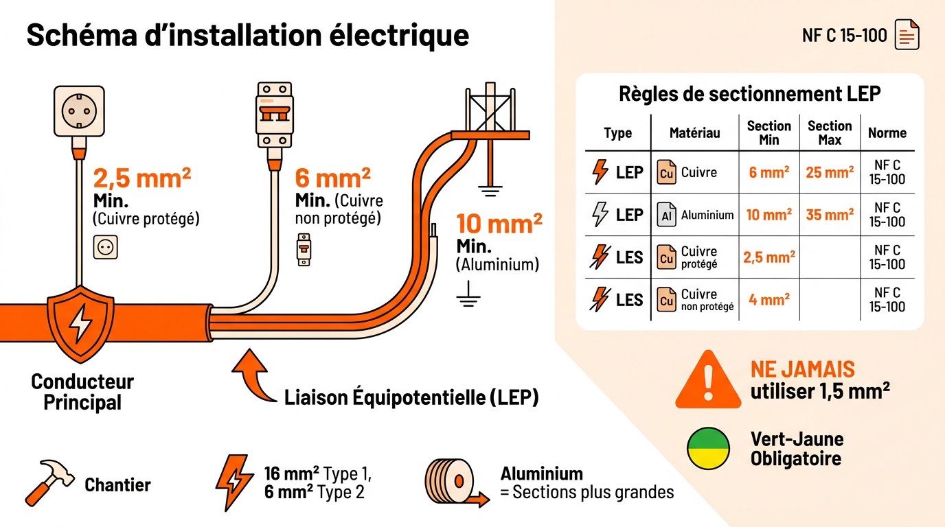 Schéma des sections de câbles pour liaison équipotentielle principale et règles de mise à la terre