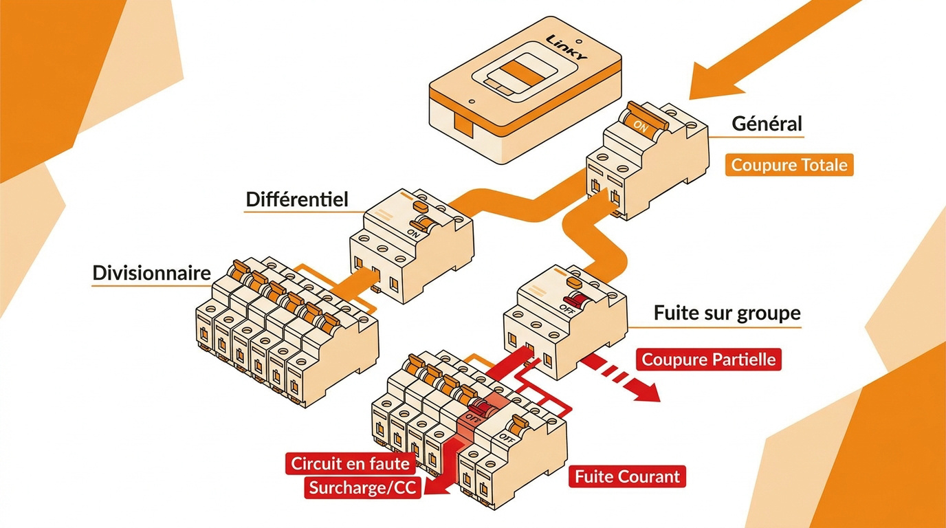 Schéma isométrique d'un tableau électrique montrant la disposition des disjoncteurs divisionnaires et différentiels