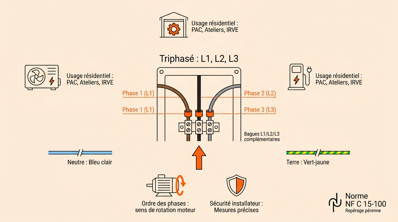 Schéma d'identification des couleurs de fils L1 L2 L3 en installation triphasée