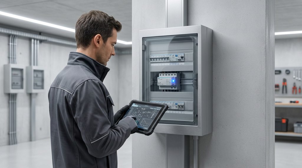 Un technicien électricien vérifie un tableau électrique avec un parafoudre en utilisant une tablette numérique.