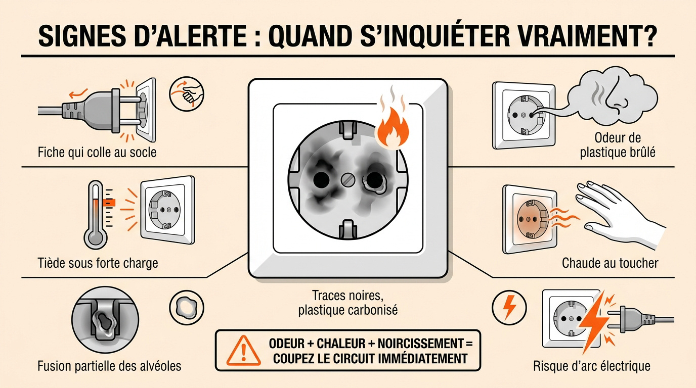 Traces de brûlure et déformation thermique sur une prise électrique murale