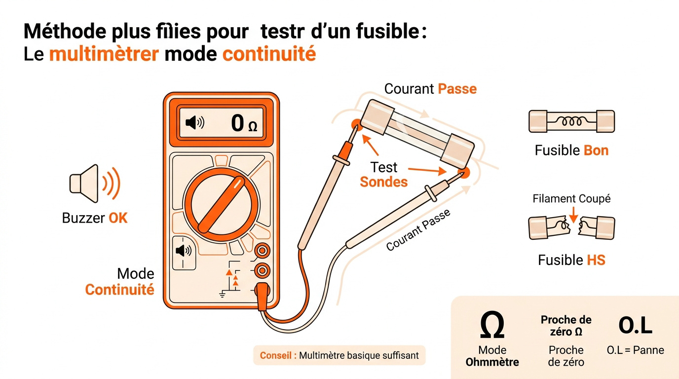 Schéma technique montrant le test de continuité d'un fusible avec les pointes d'un multimètre numérique.