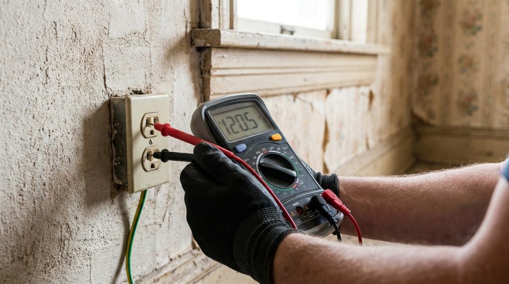Un électricien utilisant un multimètre pour tester une prise électrique dans une maison ancienne avec des murs dégradés.