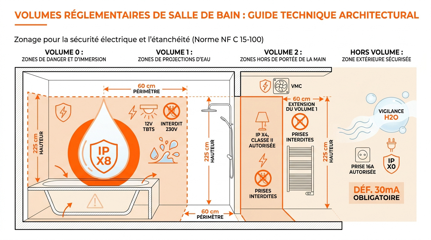Schéma des volumes de sécurité électrique dans une salle de bain selon la norme NF C 15-100