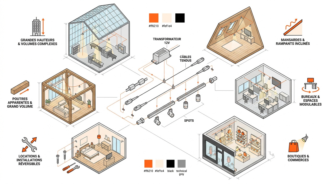 Installation de luminaires sur câble tendu dans un grand volume de type loft ou atelier