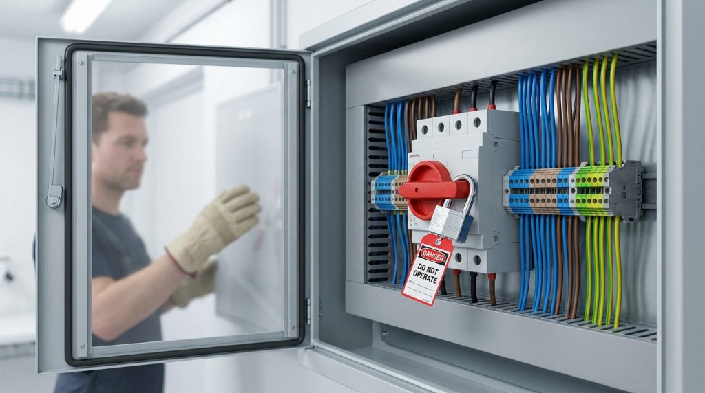 Un sectionneur électrique avec un cadenas et une étiquette de danger, avec un technicien en arrière-plan.