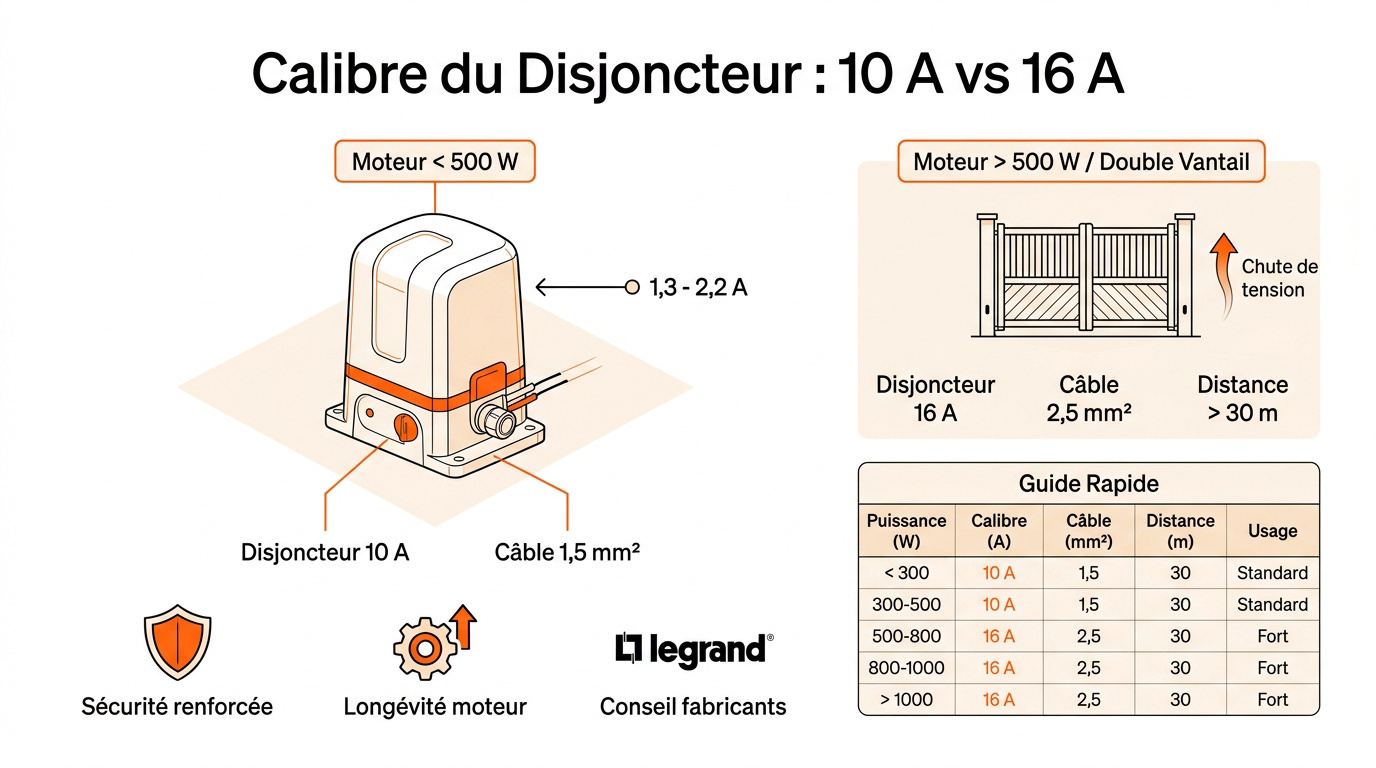 Comparatif entre disjoncteur 10A et 16A pour la protection d'une motorisation de garage