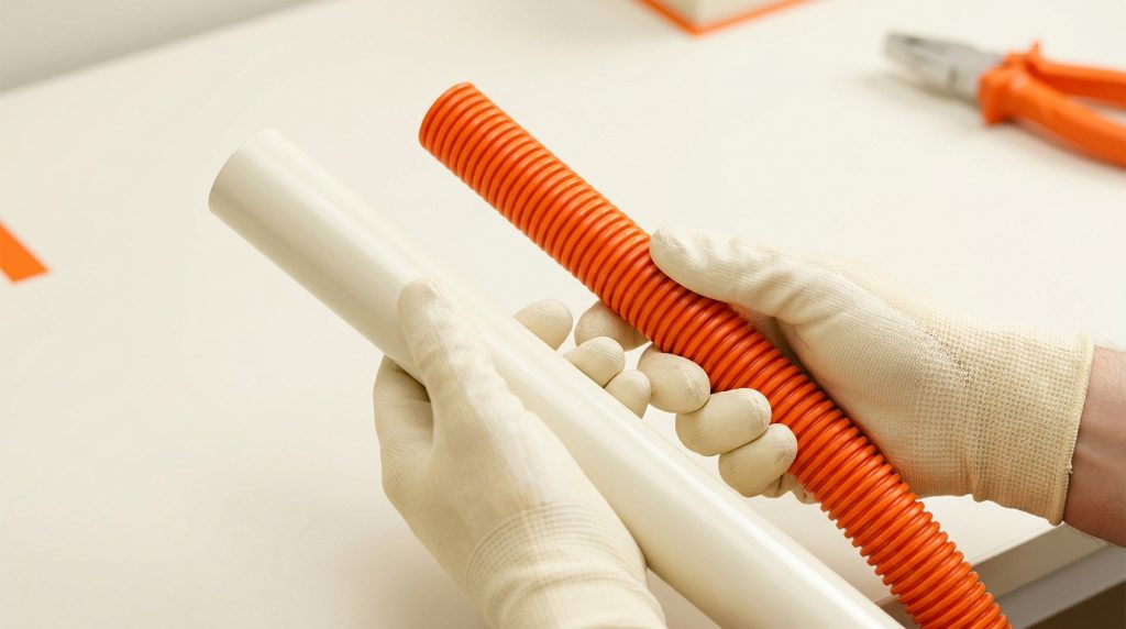 Mains gantées comparant un tube rigide beige et un tube annelé orange pour installation électrique.