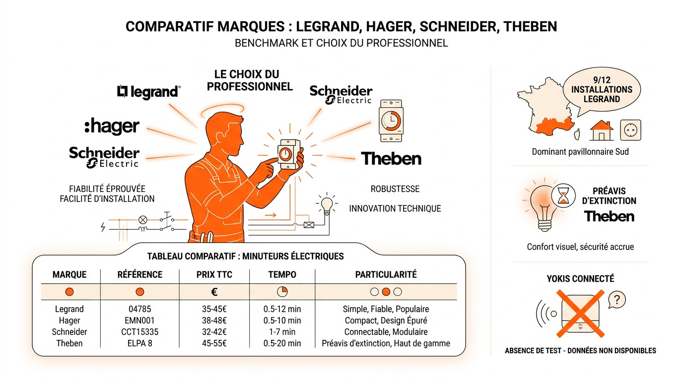 Tableau comparatif des minuteries modulaires Legrand, Hager, Schneider et Theben pour tableau électrique