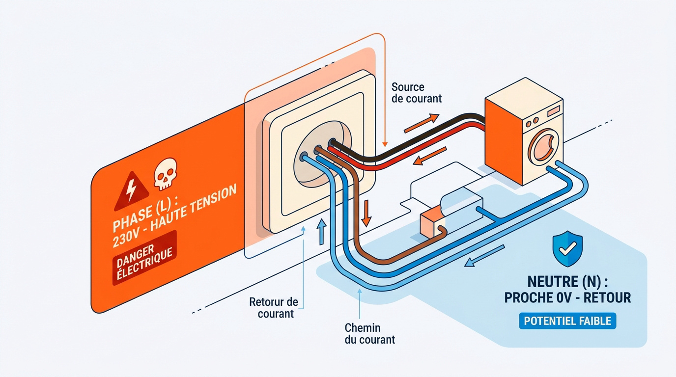 Schéma explicatif de la tension entre phase et neutre sur une prise électrique