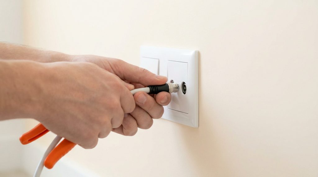 Mains installant un câble coaxial dans une prise TV murale blanche sur un mur beige.