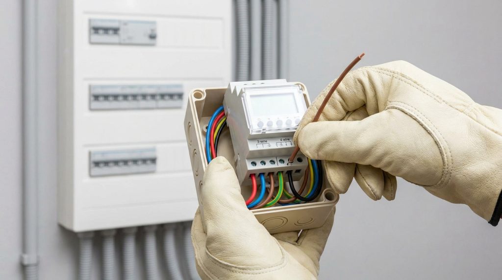 Un électricien en gants de protection branche un fil électrique dans une minuterie modulaire posée dans un boîtier.