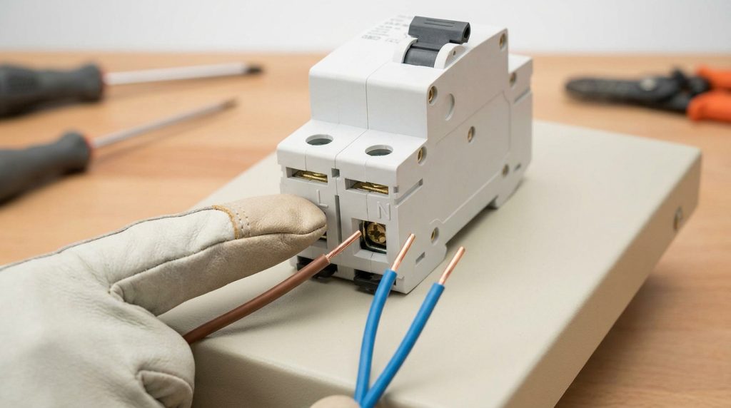 Une main gantée pointe les bornes L et N d'un disjoncteur avec des câbles électriques dénudés à proximité.