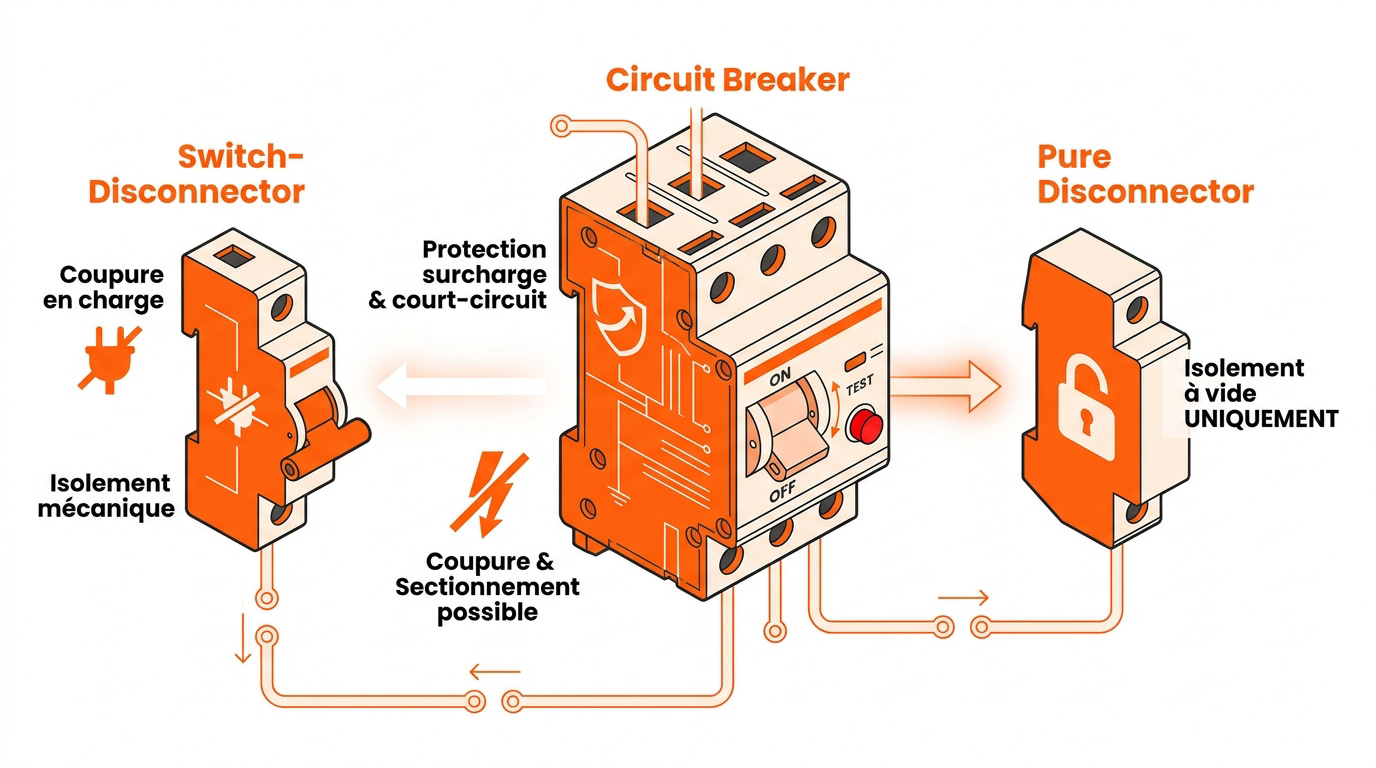 Comparaison visuelle entre un disjoncteur, un interrupteur-sectionneur et un sectionneur électrique modulaire