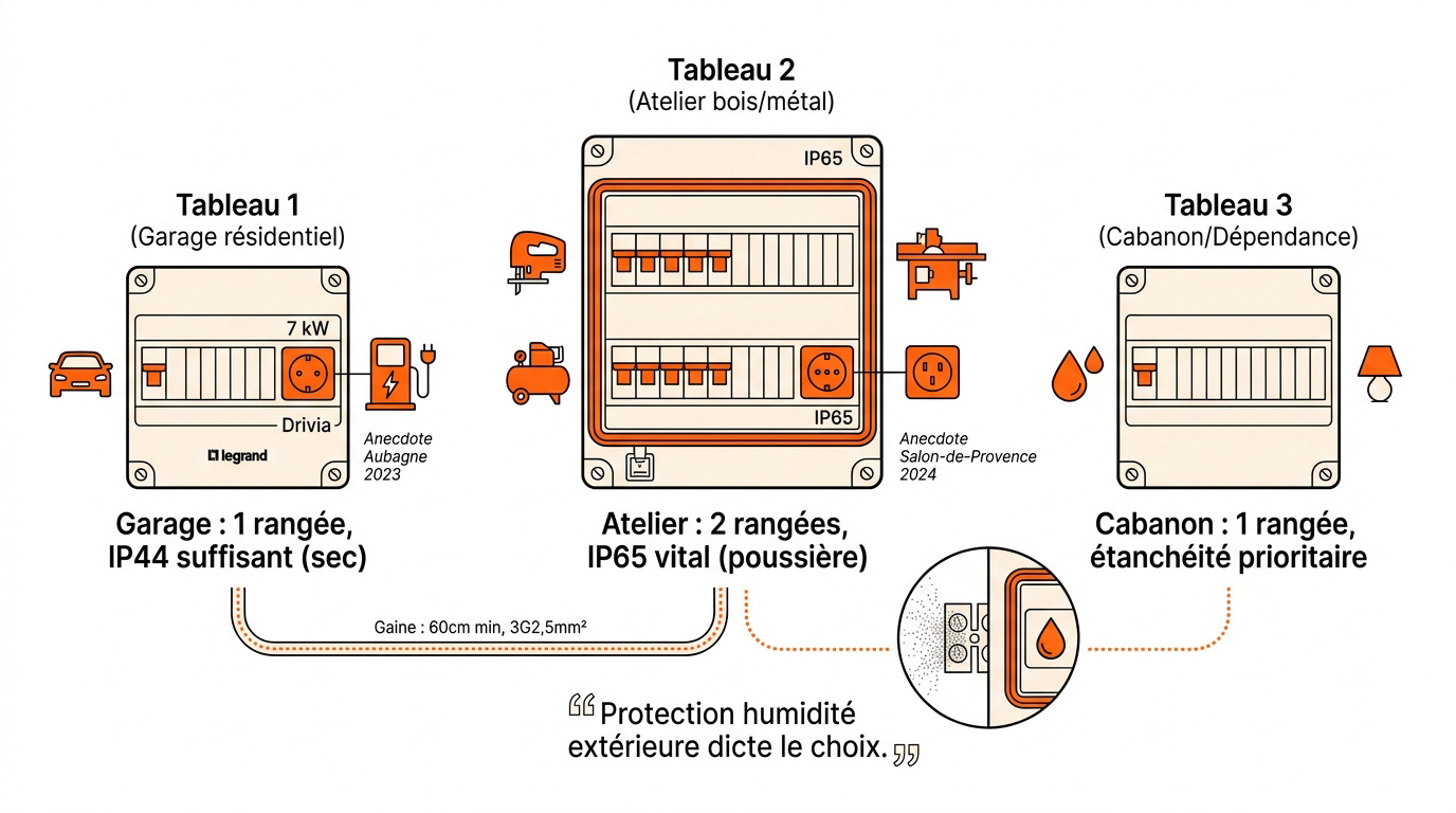 Comparaison technique entre un tableau électrique de garage standard et un coffret étanche d'atelier