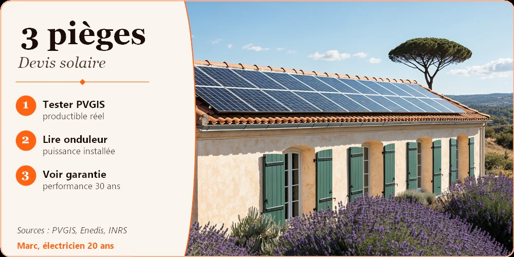 kWc en kWh : toiture de pavillon provençal équipée de panneaux solaires, trois pièges à repérer sur un devis