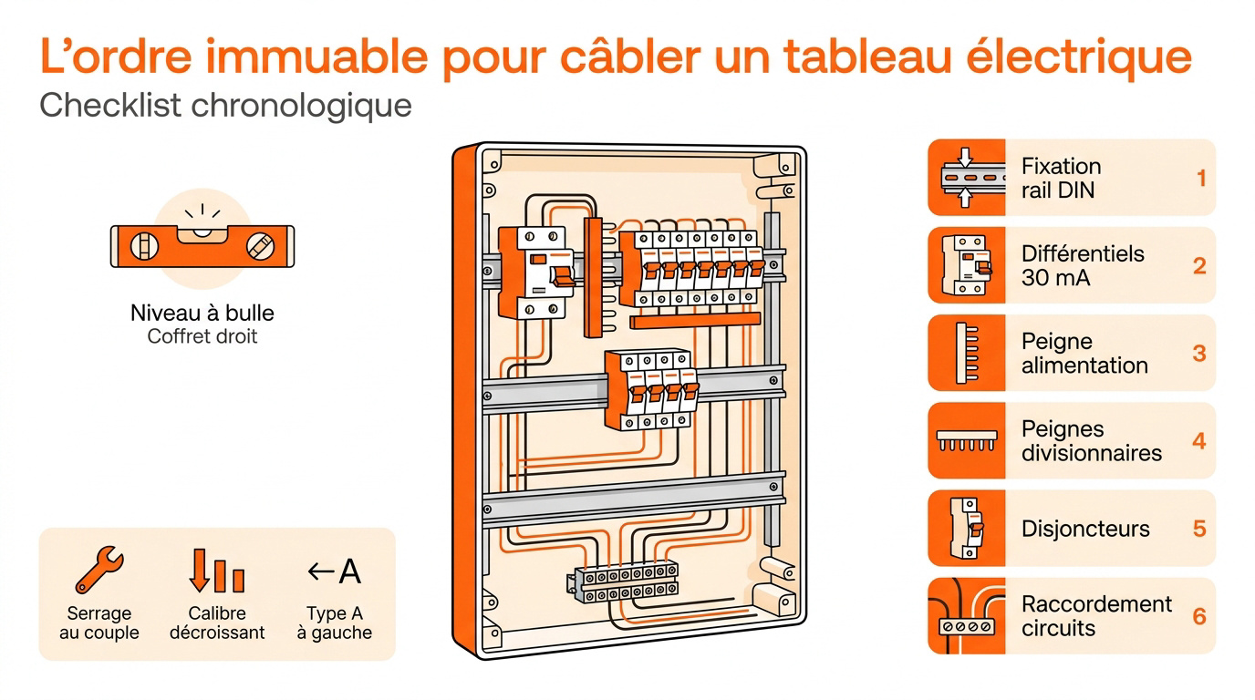 Vue détaillée du câblage d'un tableau électrique avec disjoncteurs et peignes de répartition