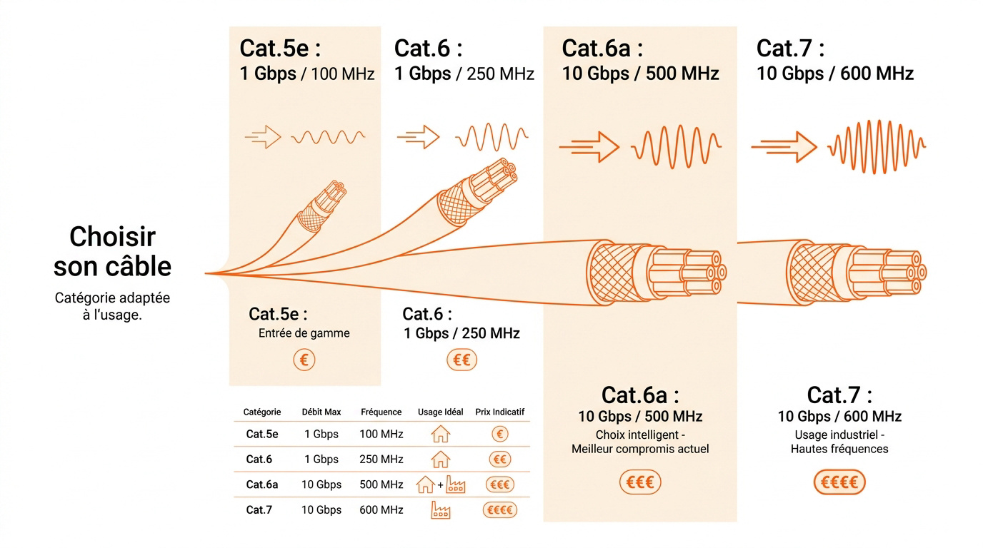 Tableau comparatif des performances des câbles Ethernet Cat5e Cat6 Cat6a et Cat7