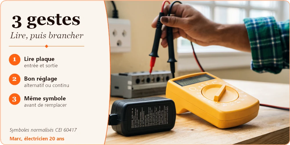 Plaque signalétique d'un bloc d'alimentation et multimètre réglé sur V~ : repérer le courant alternatif