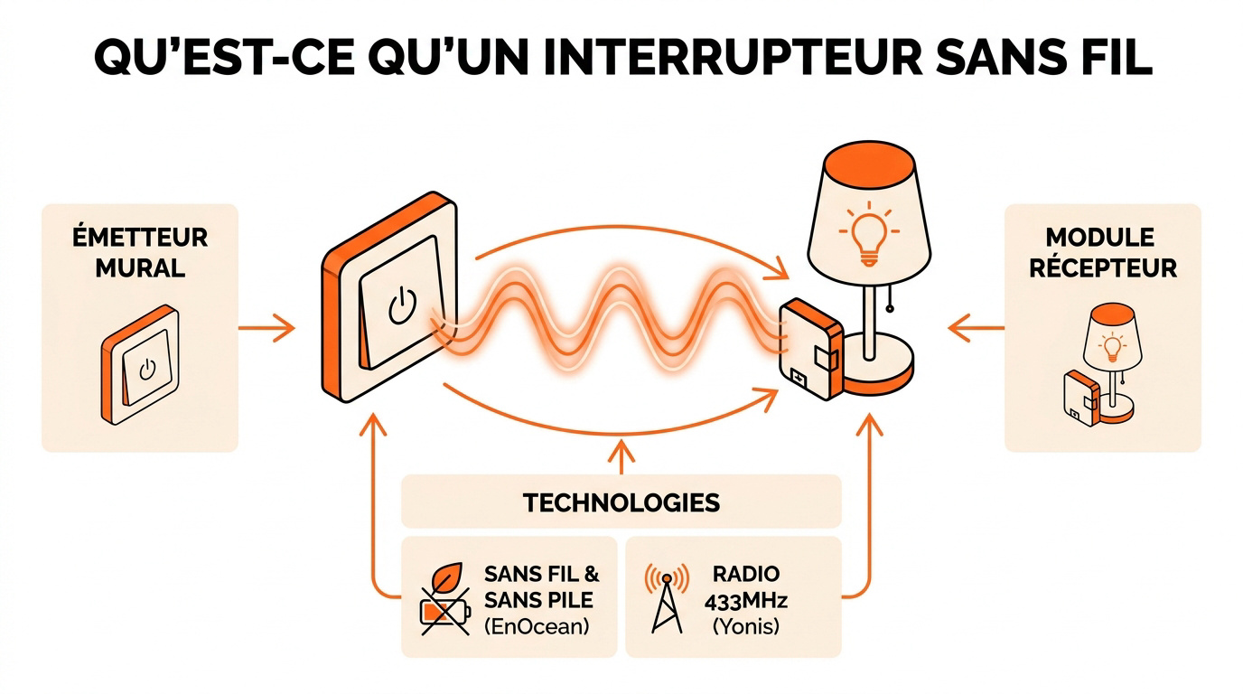 Schéma explicatif du fonctionnement d'un interrupteur sans fil entre émetteur et récepteur