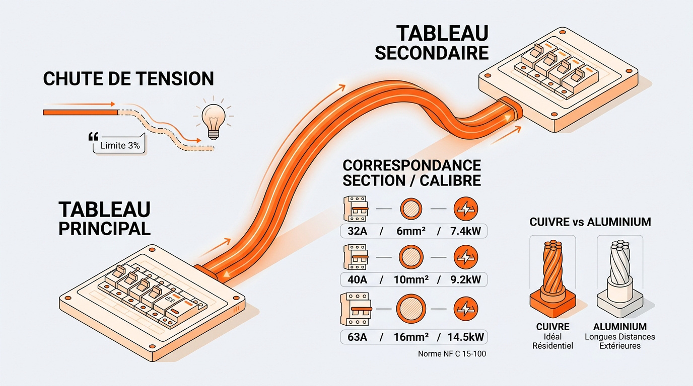 Schéma de câblage entre un tableau électrique principal et un tableau divisionnaire avec disjoncteur de protection