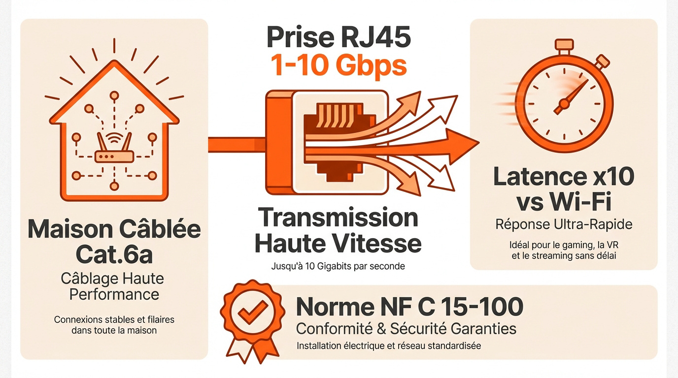 Infographie comparative des vitesses de connexion Ethernet Cat.6a et normes NF C 15-100