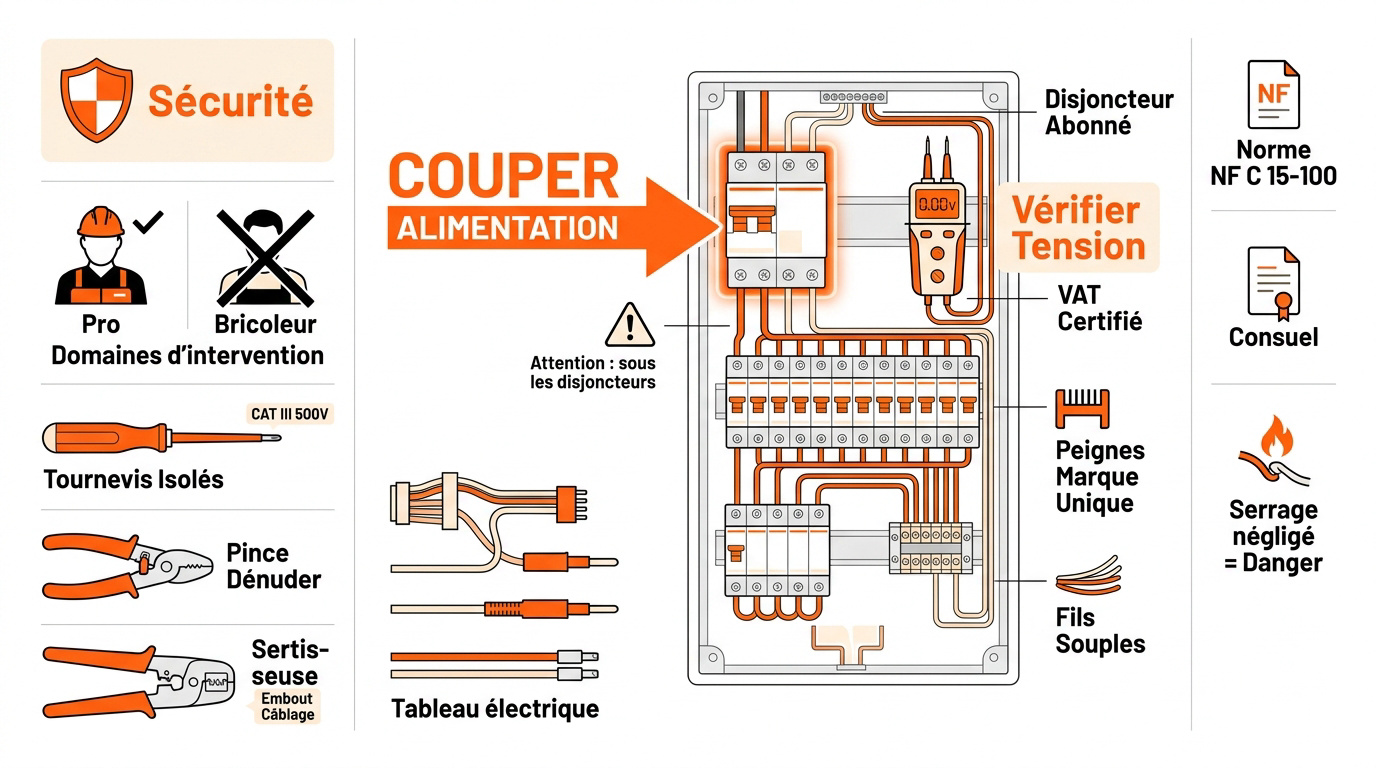 Infographie détaillant les étapes de sécurité et l'outillage pour câbler un tableau électrique en conformité NF C 15-100