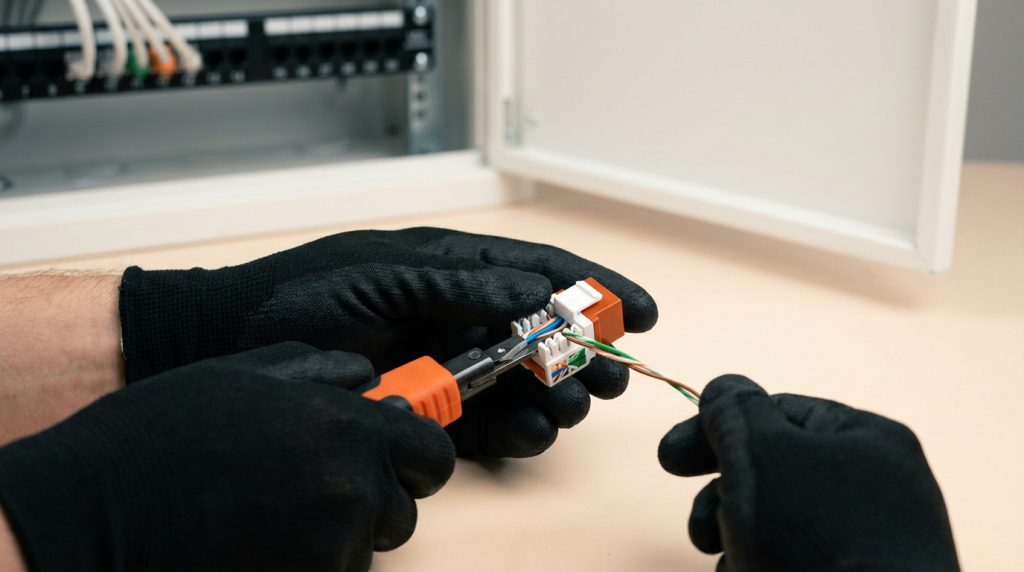 Mains gantées de noir utilisant un outil à dénuder pour câbler une prise RJ45 devant un coffret VDI ouvert.