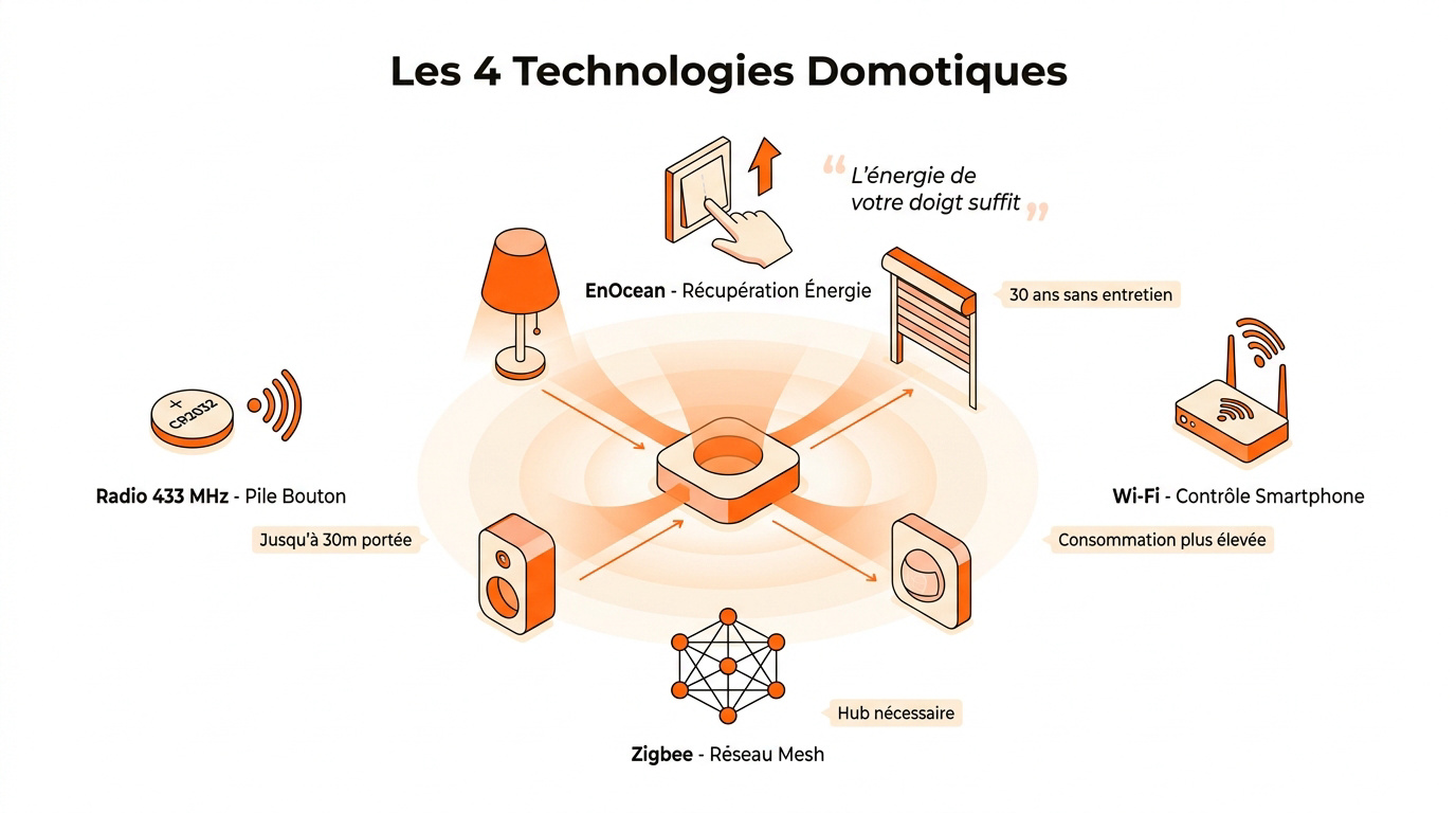 Comparatif des technologies radio pour interrupteur sans fil 433 MHz EnOcean Wi-Fi et Zigbee