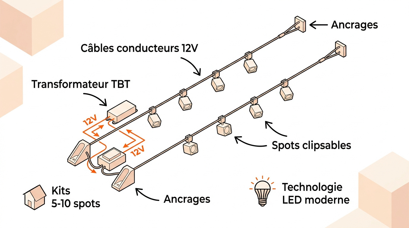 Schéma technique d'un système de luminaire sur câble tendu 12V avec transformateur et spots clipsables