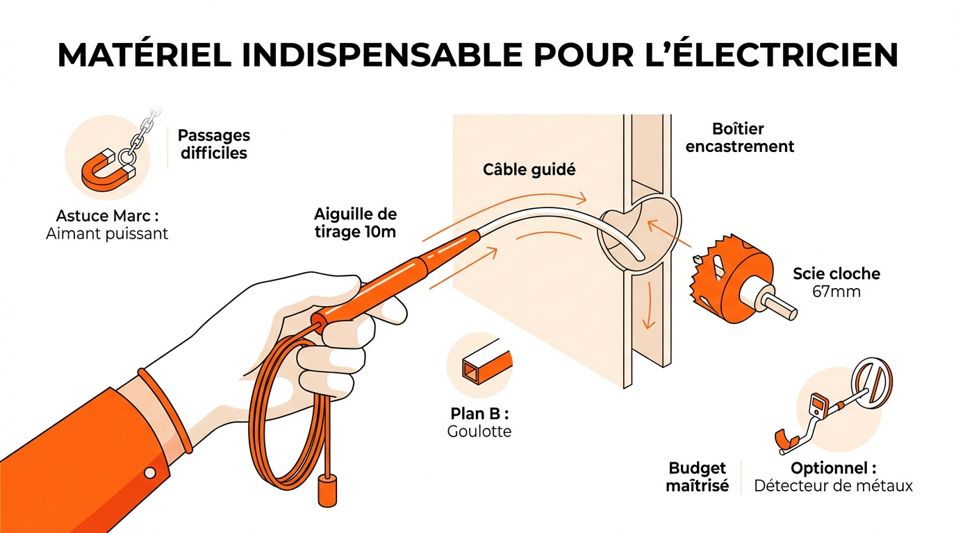 Sélection d'outils professionnels pour le passage de câbles électriques dans une cloison en placo