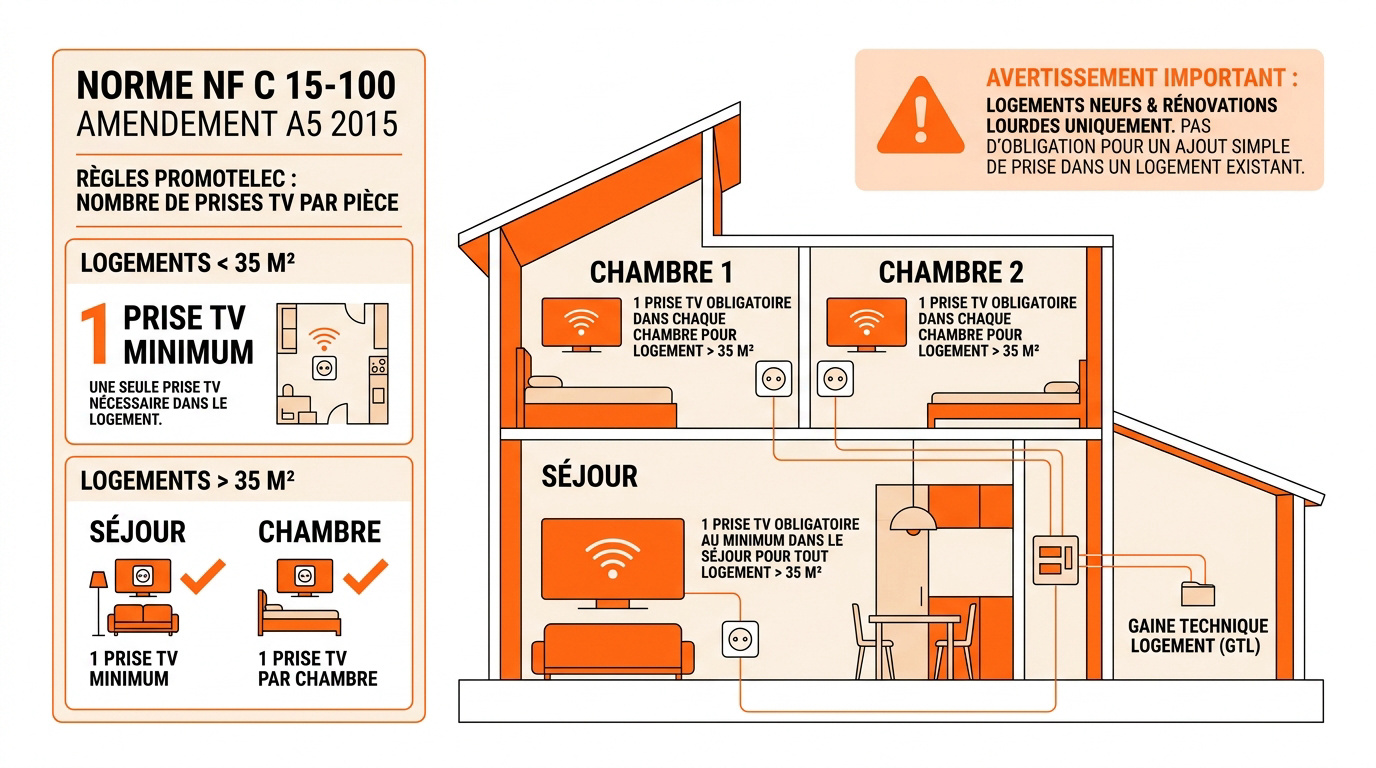 Schéma des obligations réglementaires pour l'implantation des prises TV selon la norme NF C 15-100