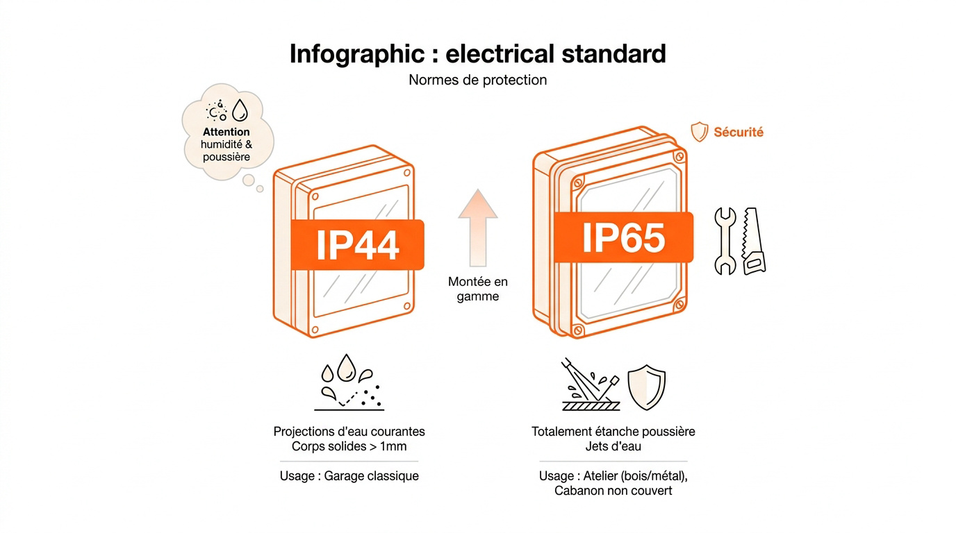 Comparatif des indices de protection IP44 et IP65 pour tableau électrique de garage