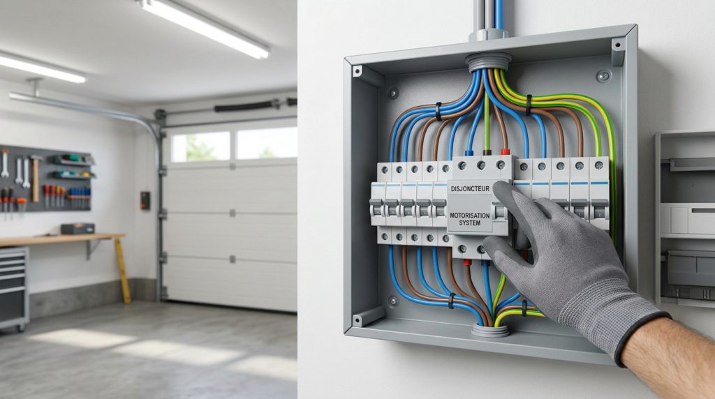 Main gantée activant un disjoncteur pour motorisation dans un coffret électrique mural.