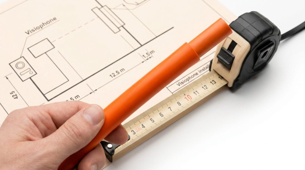 Une main mesure un conduit orange sur un plan technique d'installation de visiophone avec un mètre ruban.
