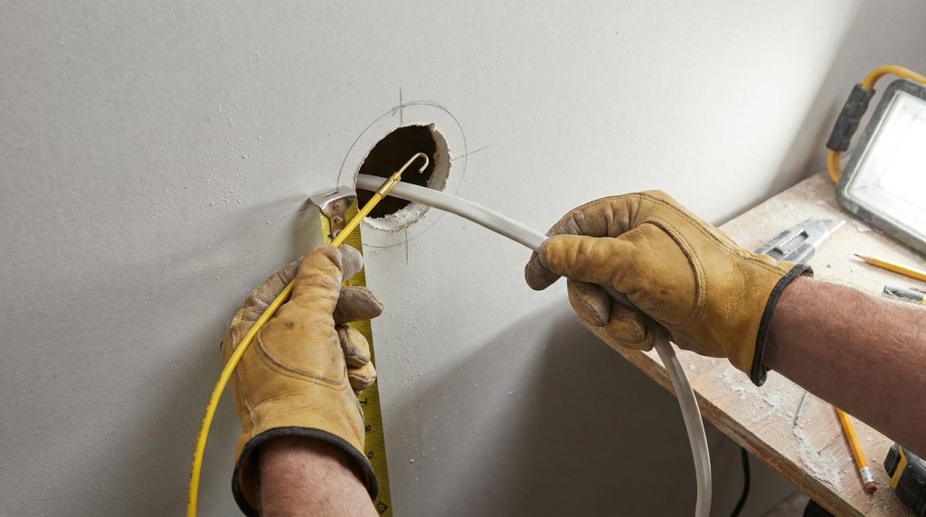 Une personne porte des gants de travail et utilise une aiguille d'électricien pour passer un câble dans un mur en placo.