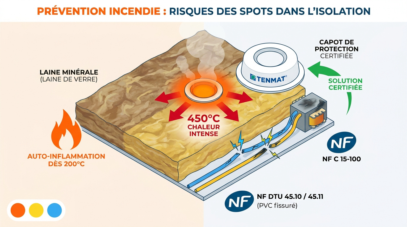 Schéma montrant les risques de surchauffe d'un spot encastré dans de la laine de verre sans protection